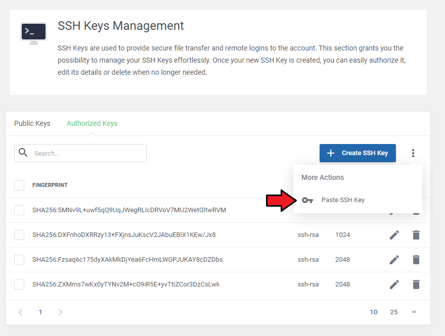 DirectAdmin Extended For WHMCS: Authorized Keys tab with the More Actions menu and the Paste SSH Key option marked