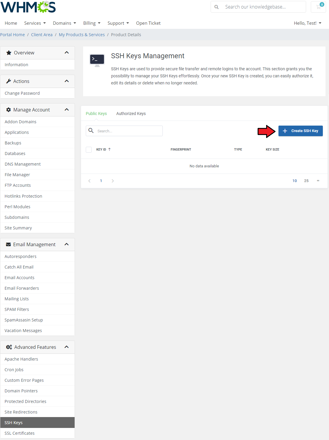 DirectAdmin Extended For WHMCS: SSH Keys Management page with the Public Keys tab and the Create SSH Key button marked