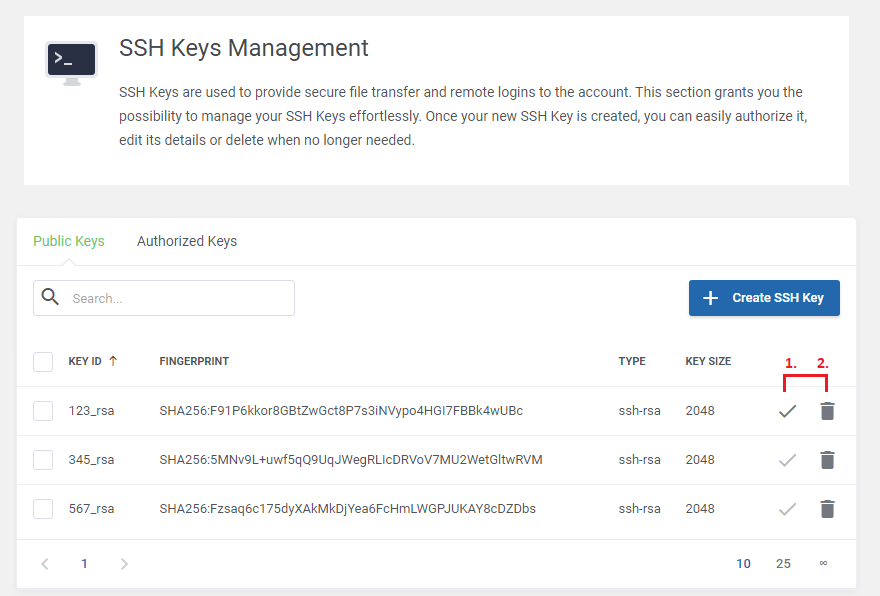 DirectAdmin Extended For WHMCS: Public Keys table of created SSH keys with numbered authorize and delete icons