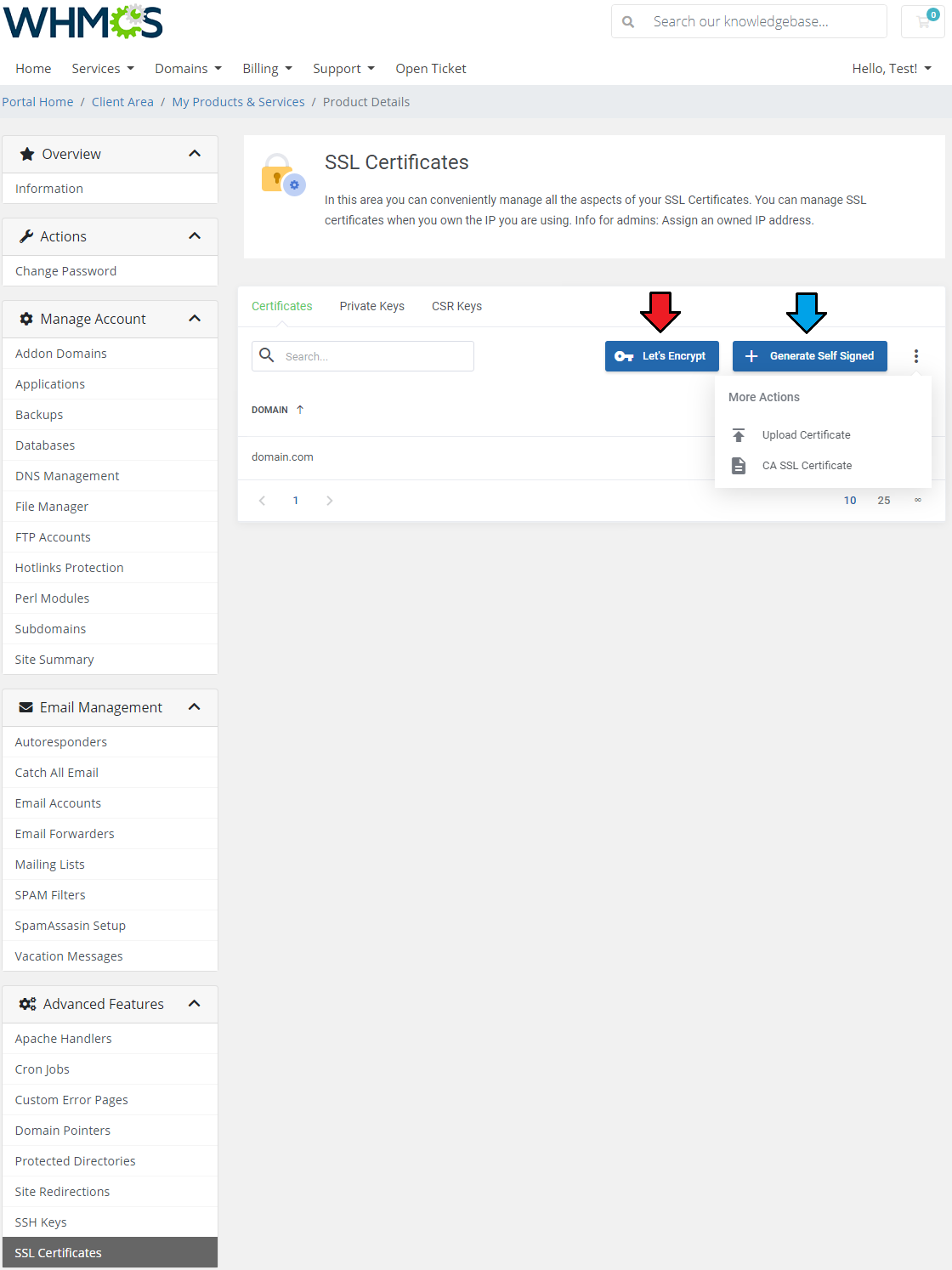 DirectAdmin Extended For WHMCS: SSL Certificates page with Let's Encrypt, Self Signed buttons and the More Actions menu