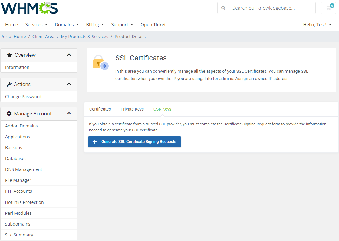 DirectAdmin Extended For WHMCS: SSL Certificates, CSR Keys tab, with the Generate SSL Certificate Signing Requests