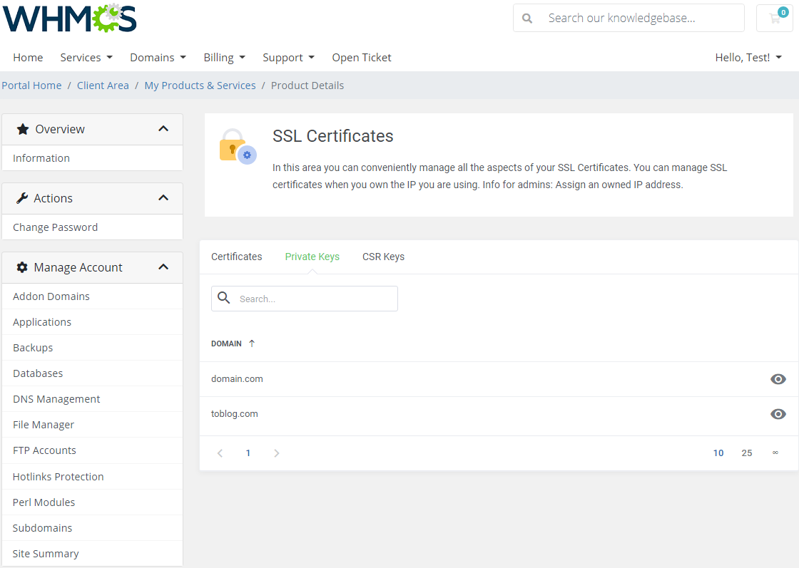 DirectAdmin Extended For WHMCS: SSL Certificates page, Private Keys tab, listing domains with the view key icon