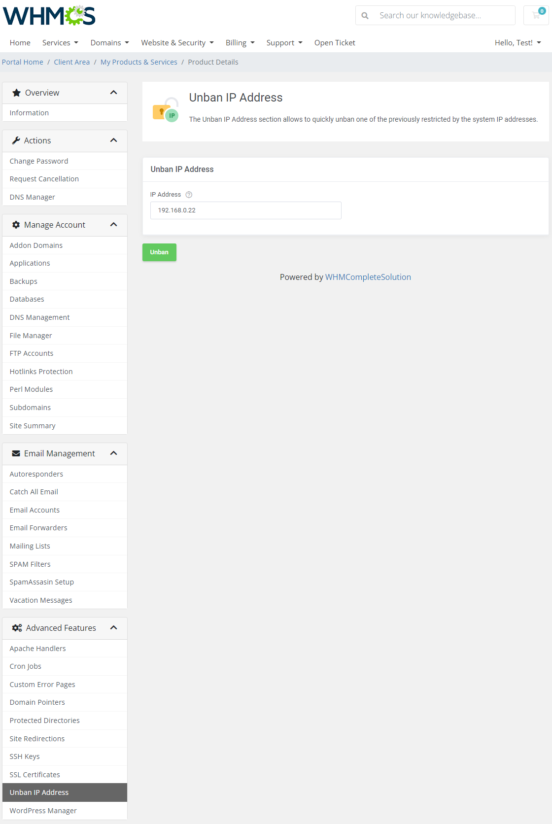 DirectAdmin Extended For WHMCS: Unban IP Address page with an IP address field and the Unban button