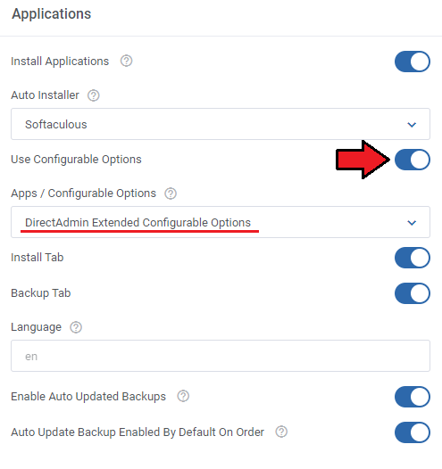 DirectAdmin Extended For WHMCS: Applications settings with Use Configurable Options and options group chosen