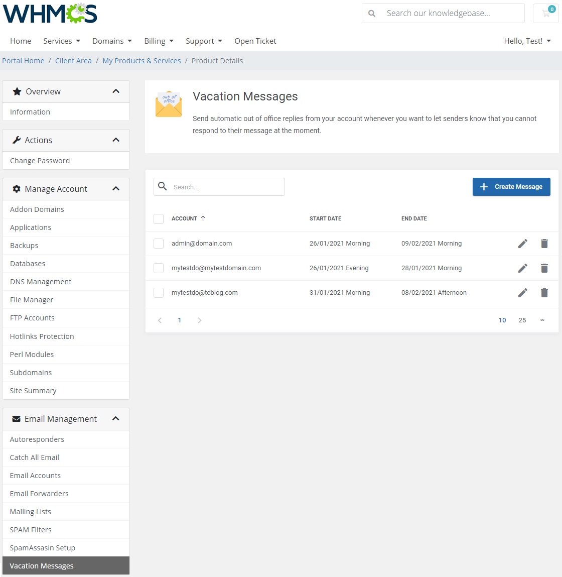 DirectAdmin Extended For WHMCS: Vacation Messages list with account, start and end dates and the Create Message button