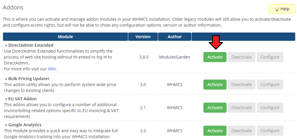 DirectAdmin Extended For WHMCS: WHMCS Addon Modules list with the Activate button for the module