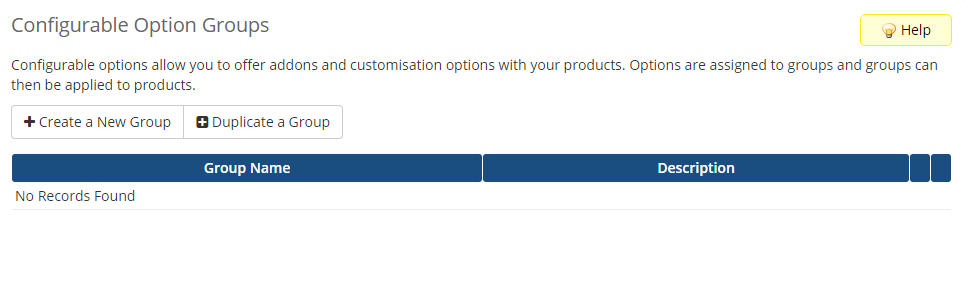 DirectAdmin Extended For WHMCS: WHMCS Configurable Option Groups page with the Create a New Group button and no records