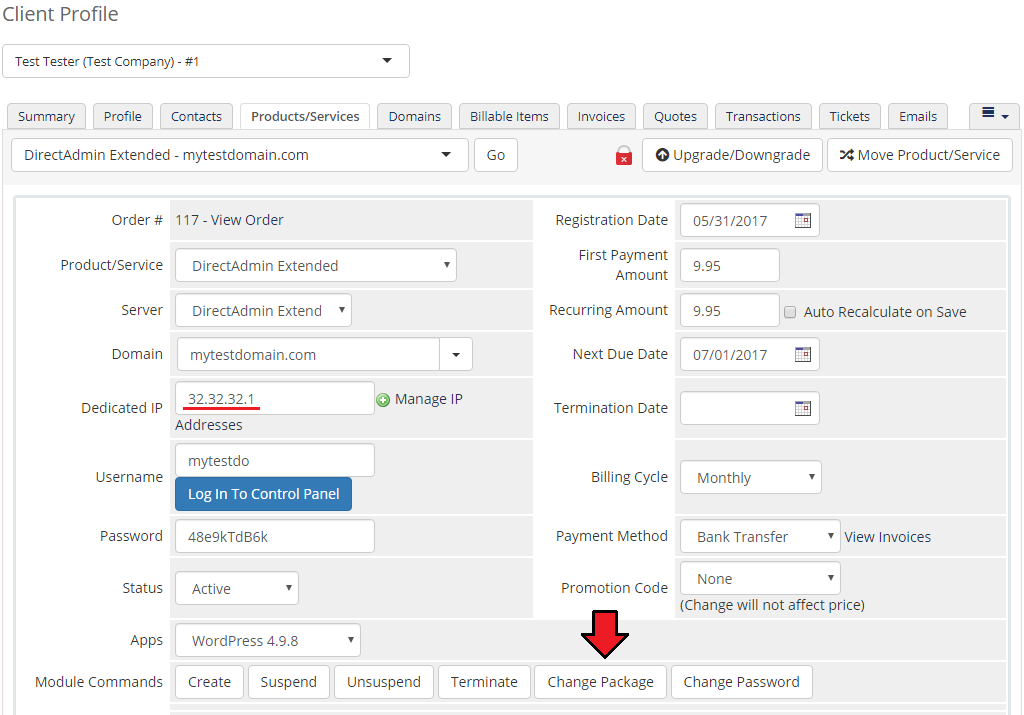 DirectAdmin Extended For WHMCS: WHMCS service with the Dedicated IP field and the Change Package button