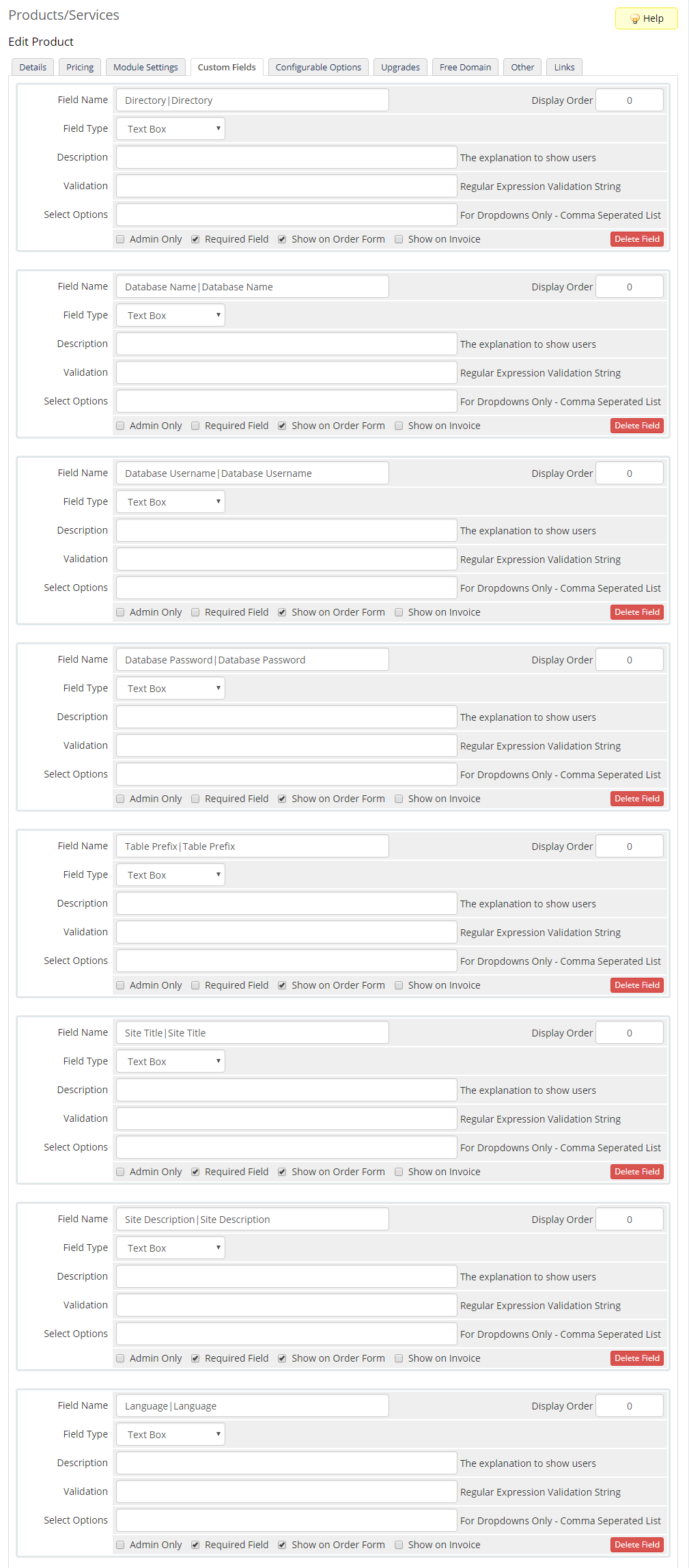DirectAdmin Extended For WHMCS: WHMCS product Custom Fields tab with Directory, Database and Site Title text box fields