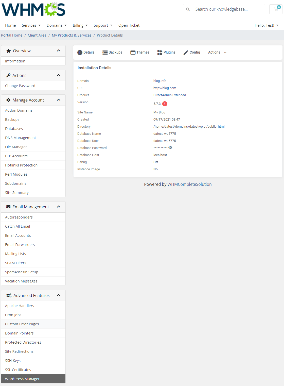 DirectAdmin Extended For WHMCS: WordPress Manager installation details page with domain, URL, version and database data