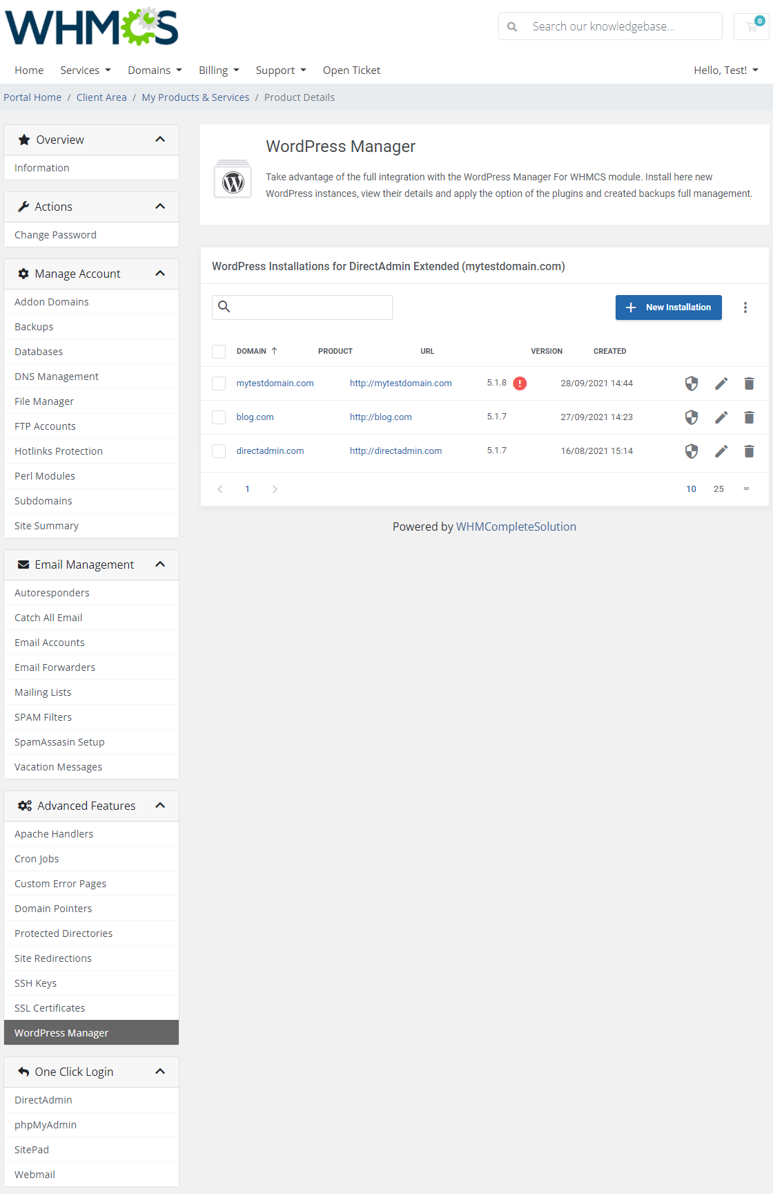 DirectAdmin Extended For WHMCS: WordPress Manager page listing WordPress installations with the New Installation button