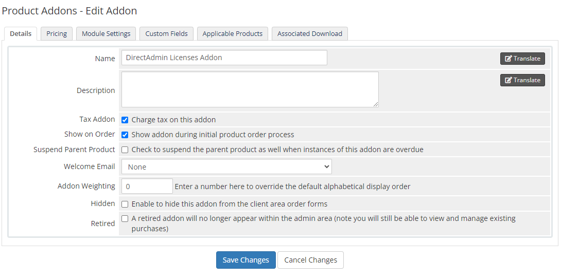 DirectAdmin Licenses For WHMCS: WHMCS admin Edit Addon, Details tab with the addon name and description fields