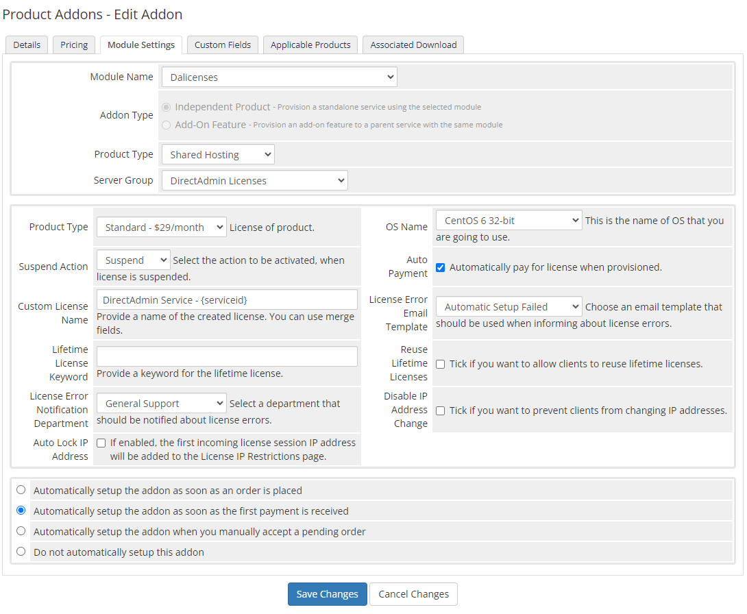 DirectAdmin Licenses For WHMCS: WHMCS admin Edit Addon, Module Settings tab with Dalicenses module and license options