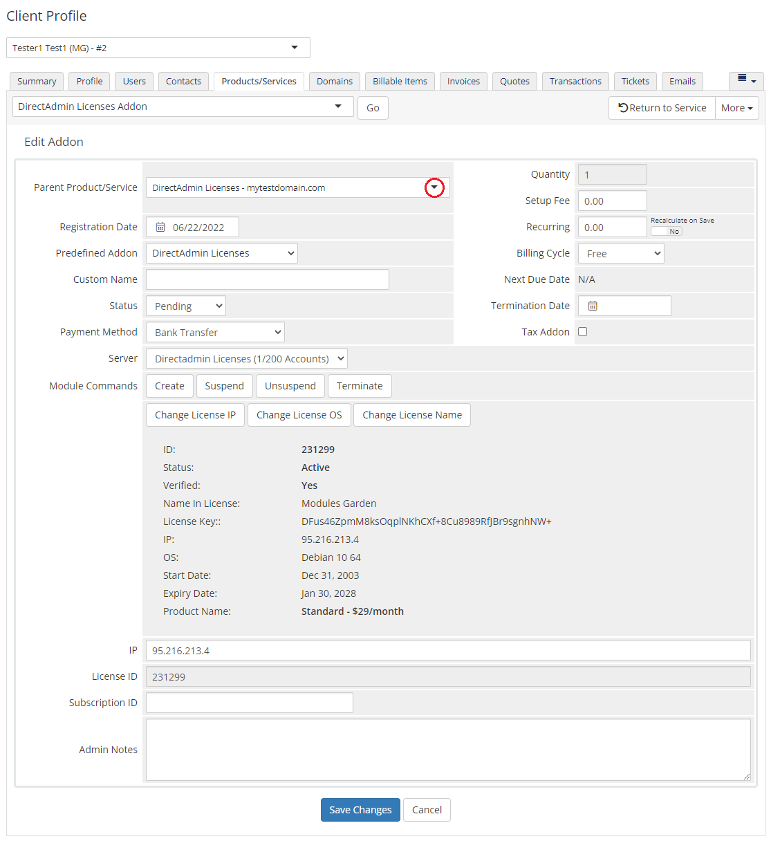 DirectAdmin Licenses For WHMCS: WHMCS admin Edit Addon page with parent service, module commands and license details
