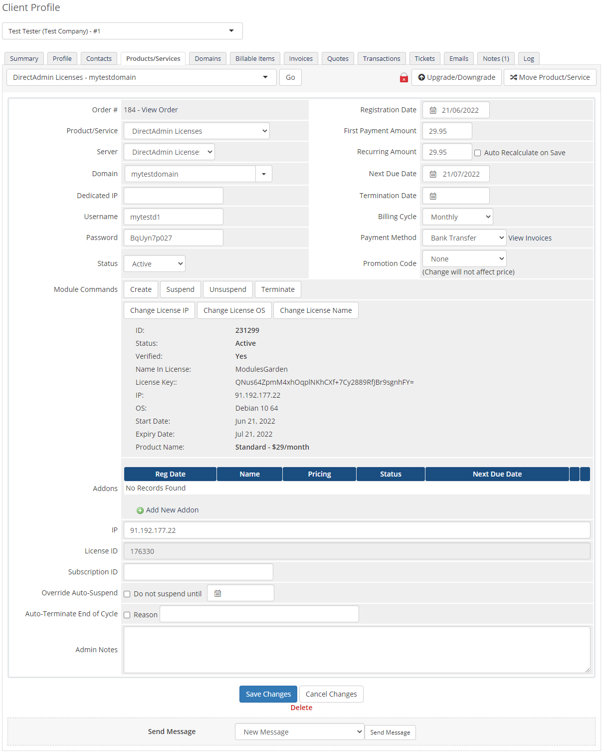 DirectAdmin Licenses For WHMCS: WHMCS admin client product page with module commands and license details