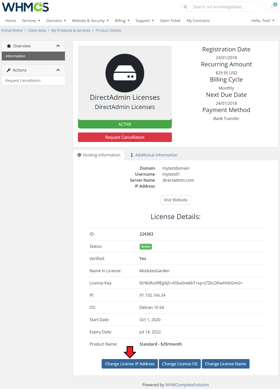 DirectAdmin Licenses For WHMCS: client area product details with the Change License IP Address button marked