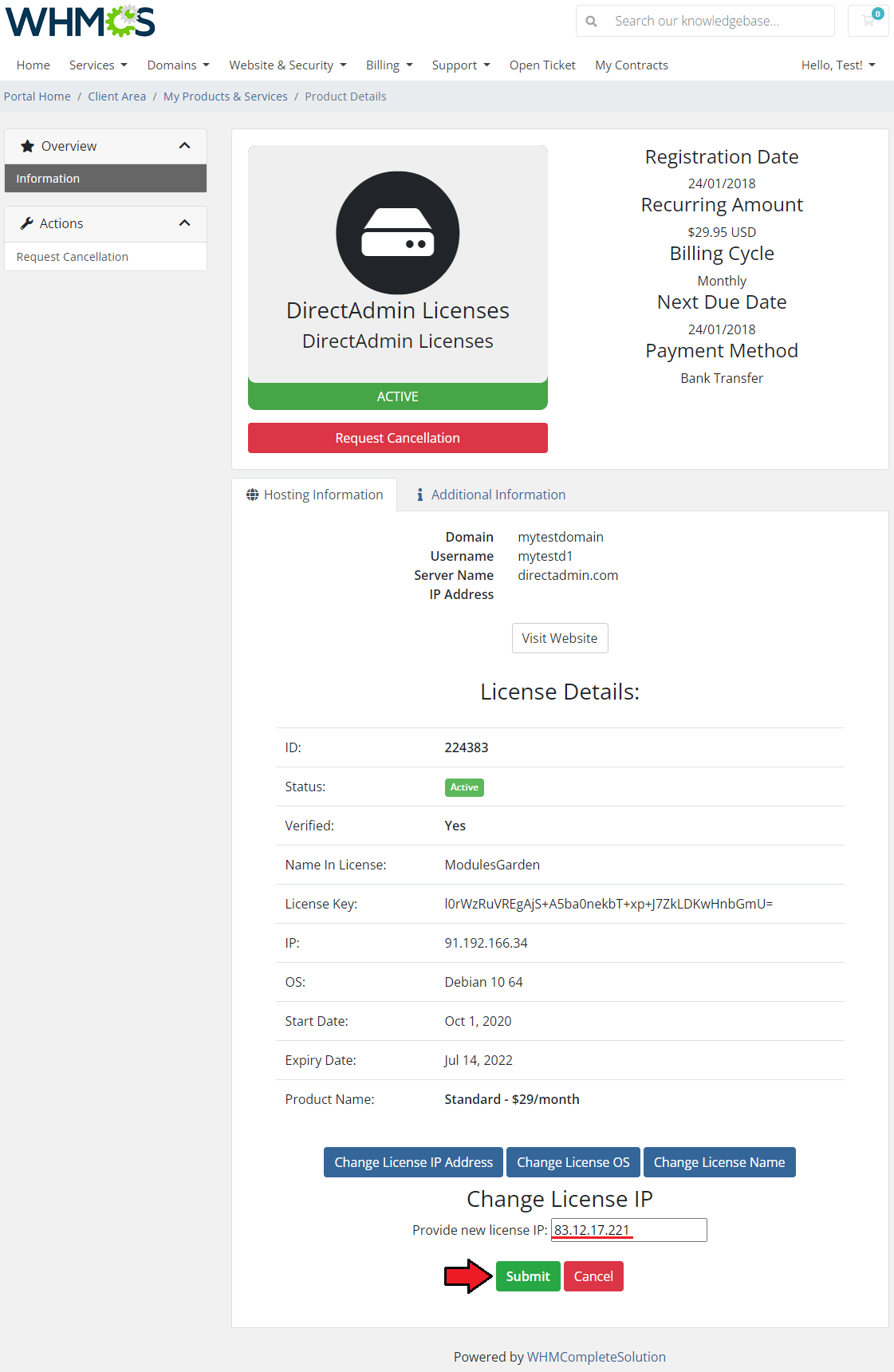 DirectAdmin Licenses For WHMCS: client area product details with the Change License IP form and the Submit button marked