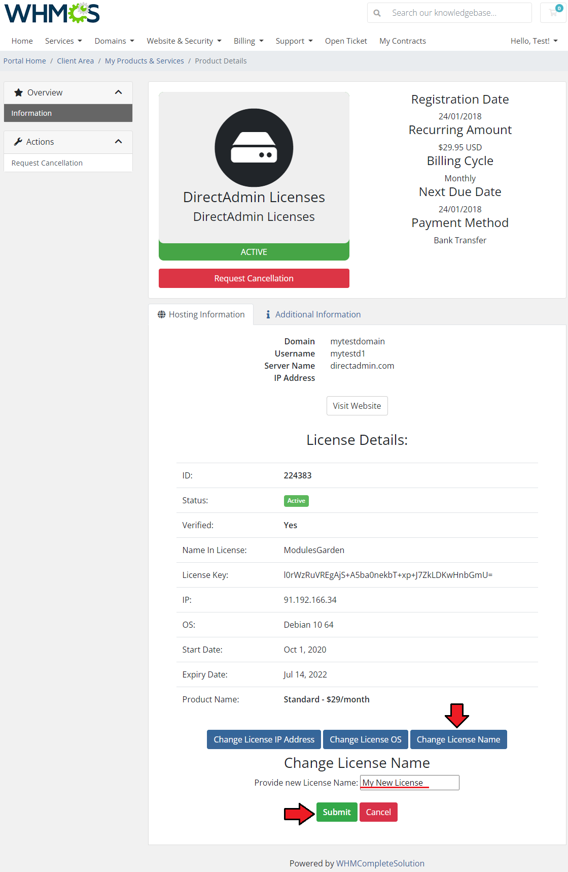 DirectAdmin Licenses For WHMCS: client area product details with the Change License Name form and the Submit button