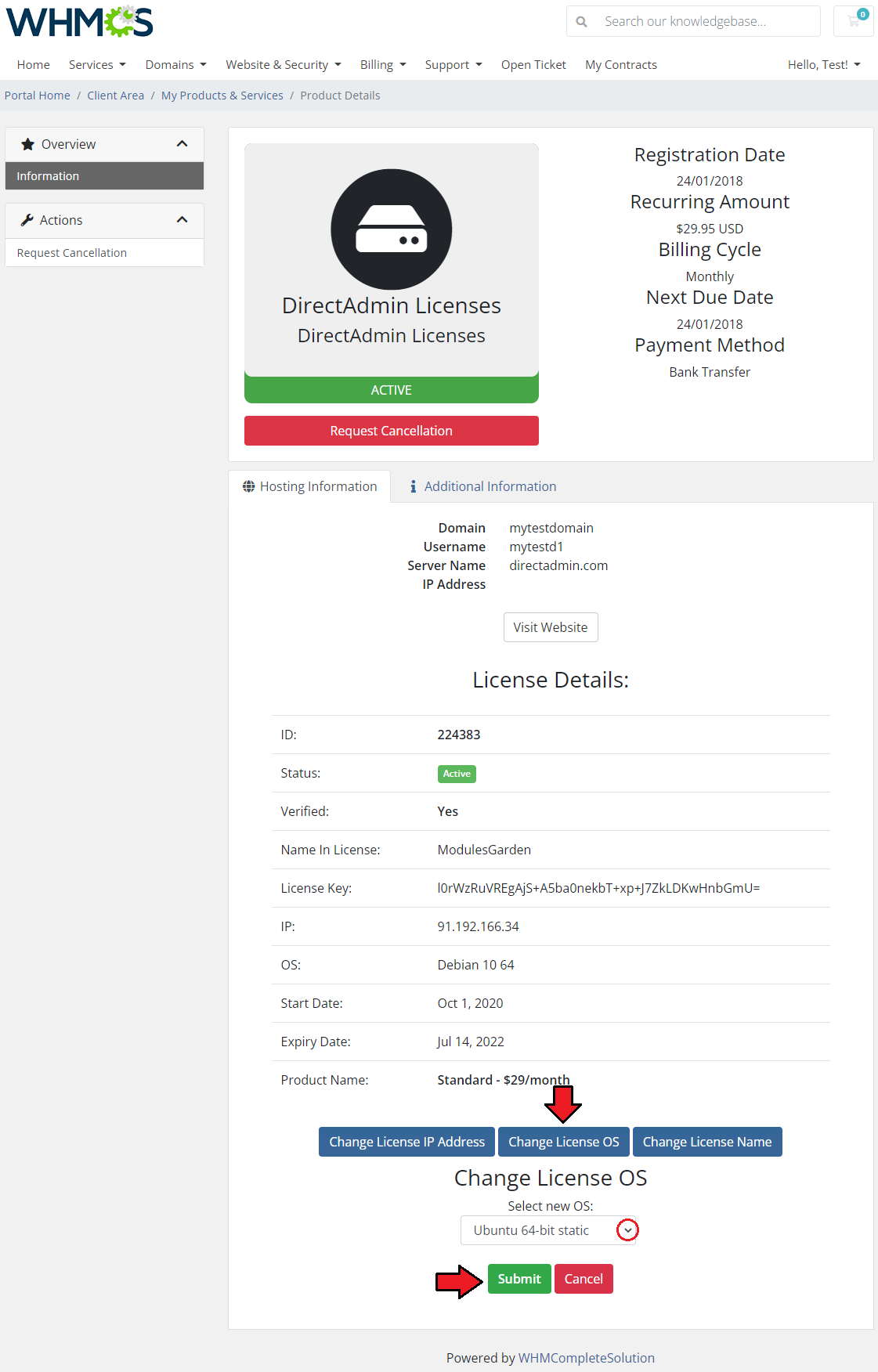 DirectAdmin Licenses For WHMCS: client area product details with the Change License OS form and OS dropdown