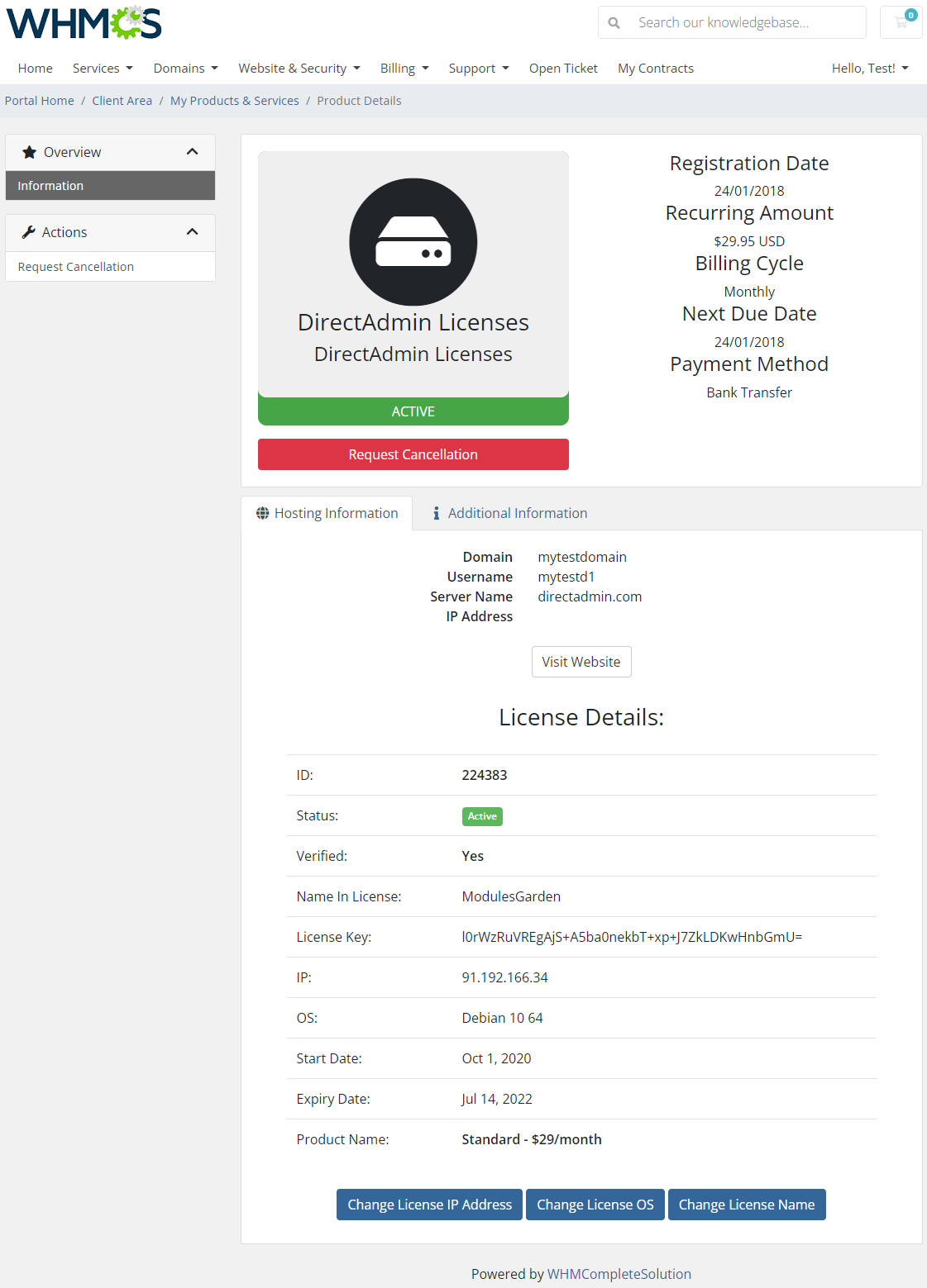 DirectAdmin Licenses For WHMCS: client area product details with license details and Change License IP, OS and Name