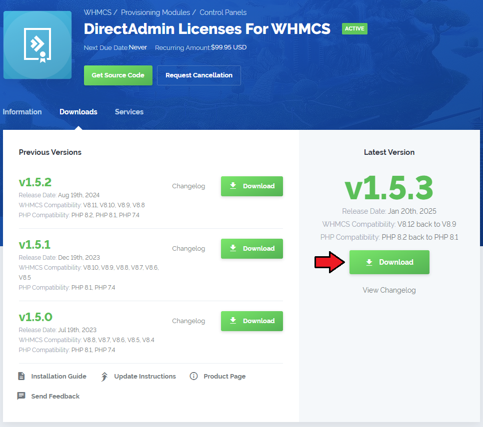 DirectAdmin Licenses For WHMCS: client area product page with the Downloads tab and the latest version Download button