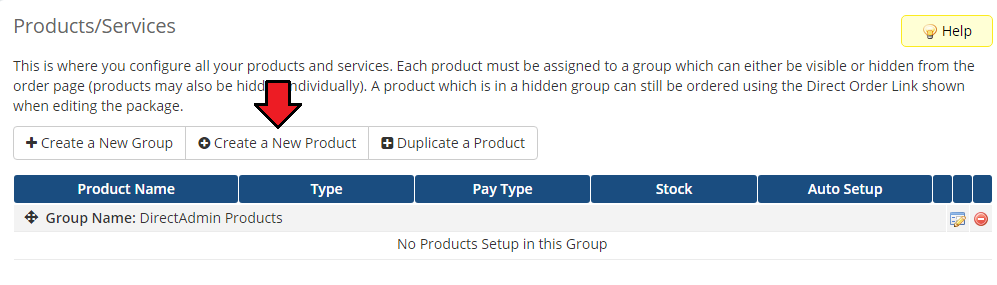 DirectAdmin Licenses For WHMCS: WHMCS admin Products/Services page with the new group and Create a New Product button