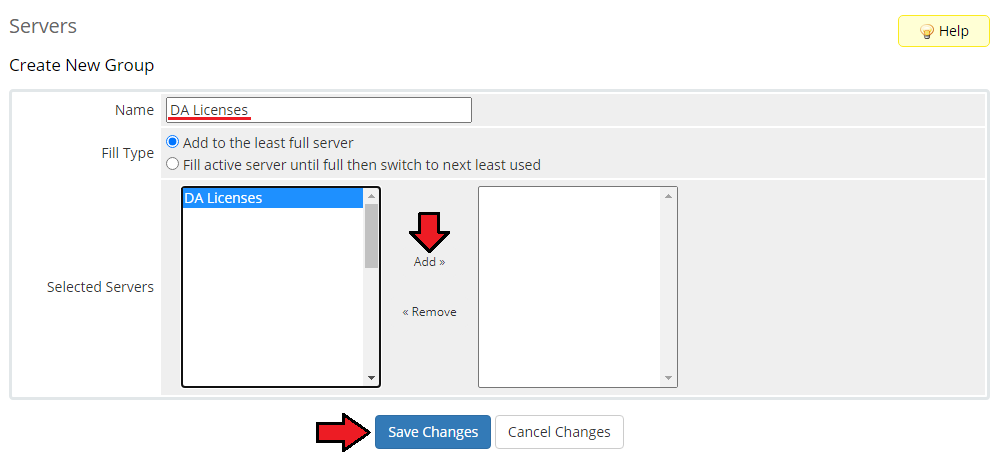 DirectAdmin Licenses For WHMCS: WHMCS admin Create New Group form with the DA Licenses server being added to the group
