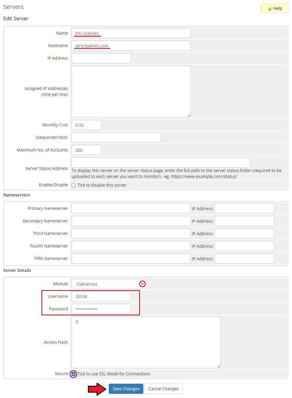 DirectAdmin Licenses For WHMCS: WHMCS admin Edit Server form with Dalicenses module, credentials and Secure option