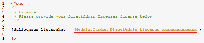 DirectAdmin Licenses For WHMCS: license.php file in a code editor with the license key entered between quotation marks