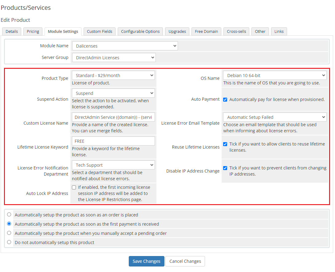 DirectAdmin Licenses For WHMCS: WHMCS admin Edit Product, Module Settings tab with the license options highlighted
