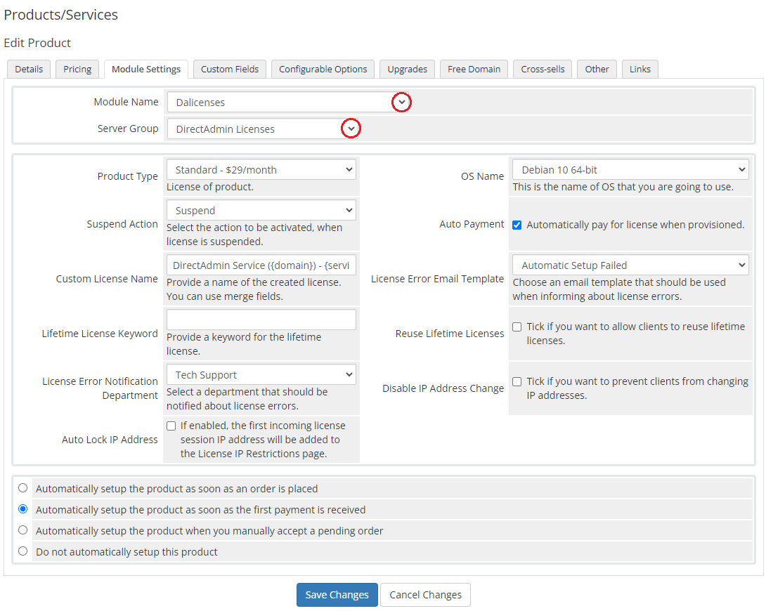 DirectAdmin Licenses For WHMCS: WHMCS admin Edit Product, Module Settings tab with Dalicenses and server group