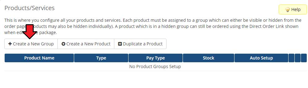 DirectAdmin Licenses For WHMCS: WHMCS admin Products/Services page with the Create a New Group button marked