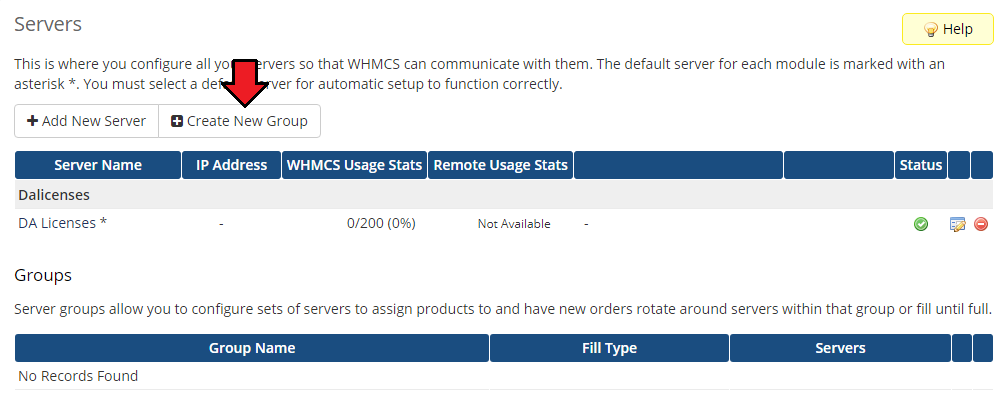 DirectAdmin Licenses For WHMCS: WHMCS admin Servers list with the DA Licenses server and the Create New Group button