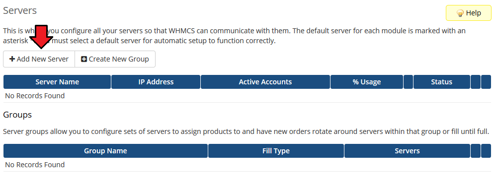 DirectAdmin Licenses For WHMCS: WHMCS admin Servers page with the Add New Server button marked