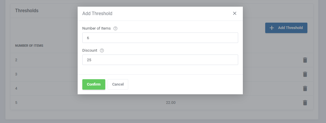Discount Center For WHMCS: Add Threshold dialog with number of items and discount fields and Confirm button