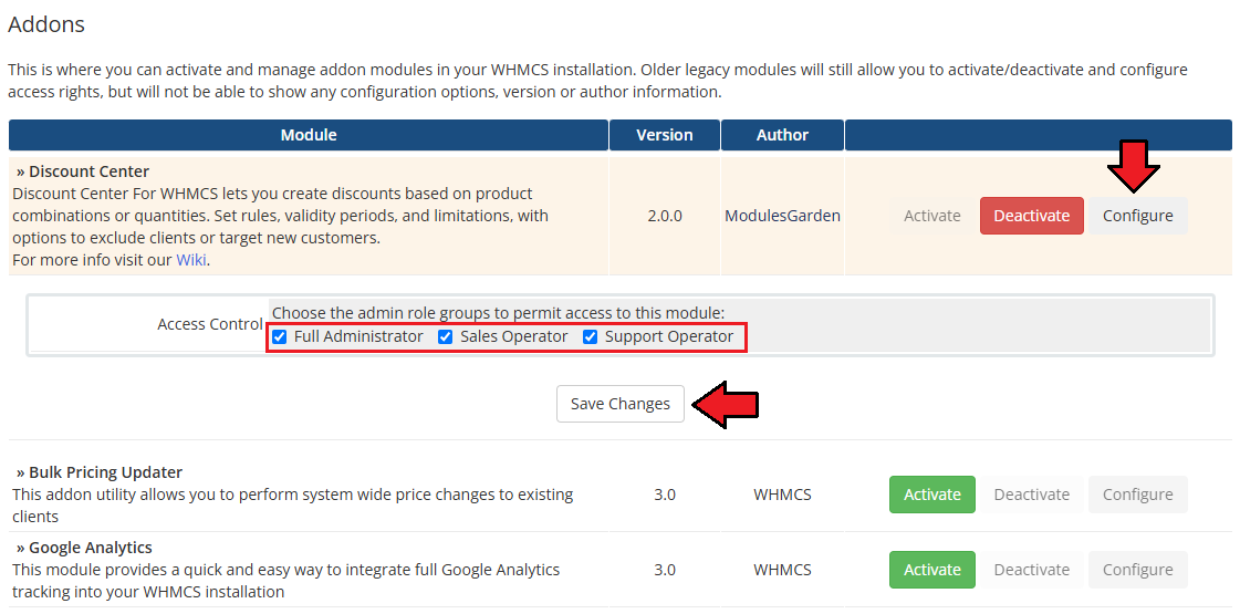 Discount Center For WHMCS: Addon Modules access control with admin role groups checked, Configure and Save Changes