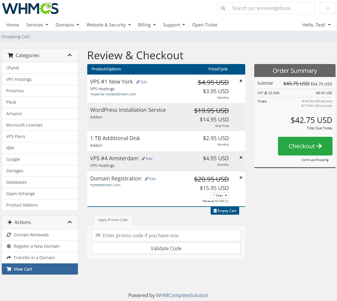 Discount Center For WHMCS: WHMCS client area Review and Checkout page with crossed out original prices and discounts