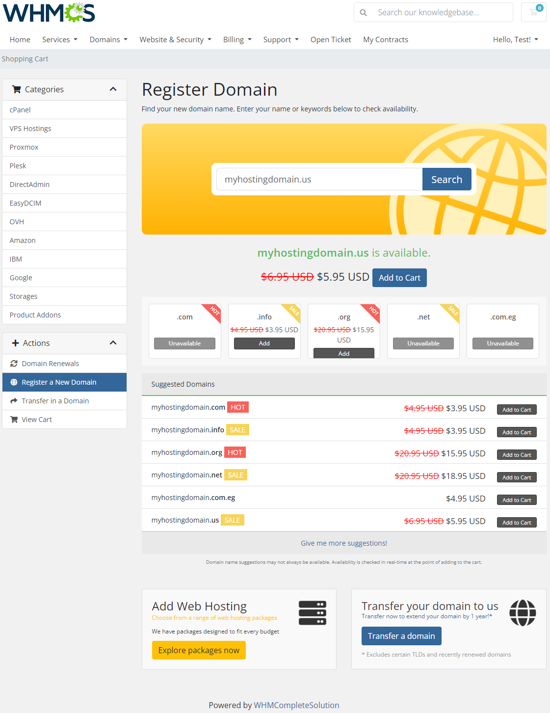 Discount Center For WHMCS: WHMCS client area domain search results with discounted prices and suggested domains