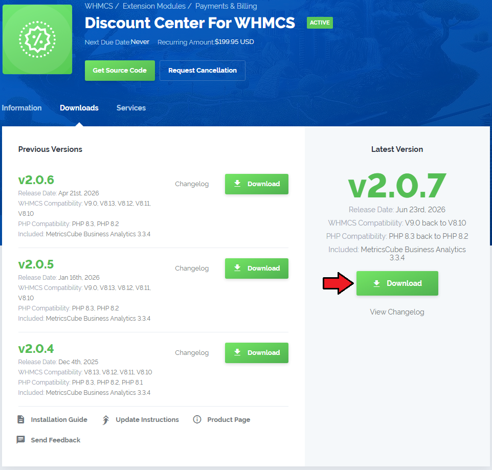 Discount Center For WHMCS: client area product page with the Downloads tab and the latest version Download button