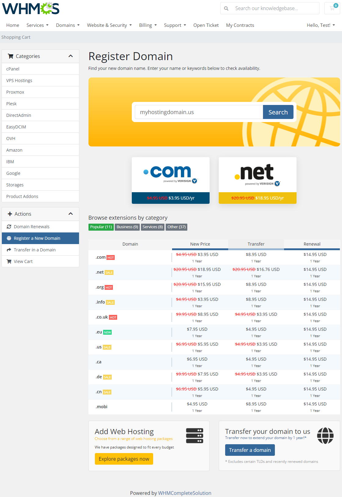 Discount Center For WHMCS: WHMCS client area Register Domain page with discounted TLD prices in the pricing table