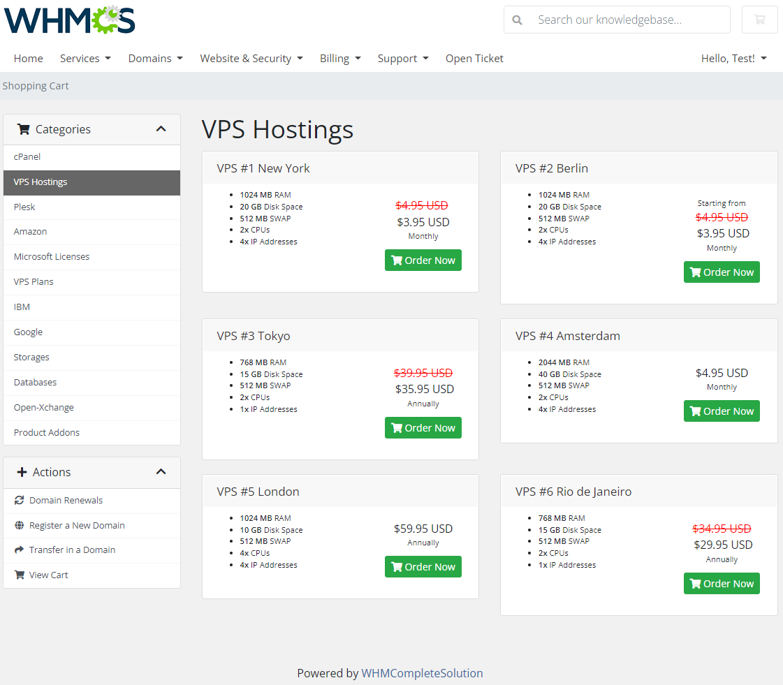 Discount Center For WHMCS: WHMCS client area product list with discounted prices shown next to crossed original prices