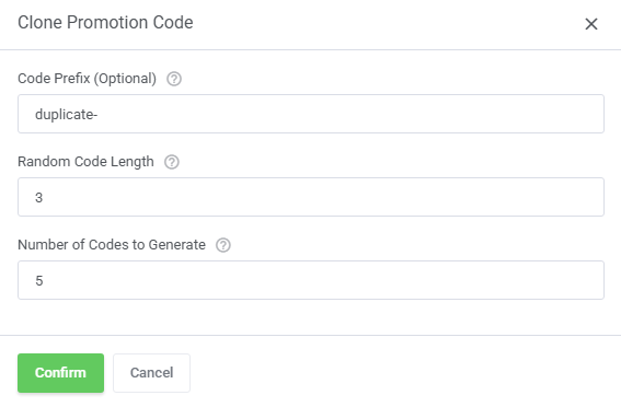 Discount Center For WHMCS: Clone Promotion Code dialog with prefix, random code length and number of codes