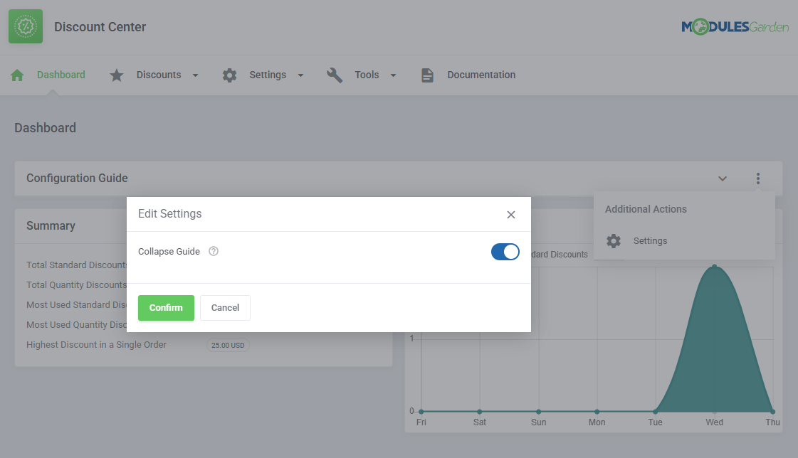 Discount Center For WHMCS: Dashboard Edit Settings dialog with the Collapse Guide switch