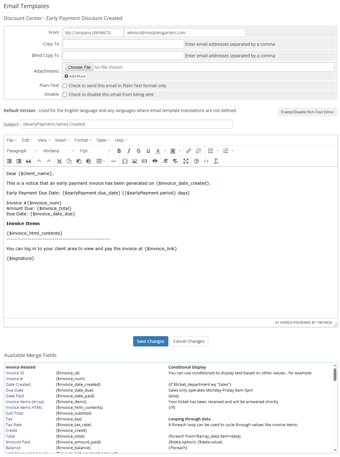 Discount Center For WHMCS: WHMCS email template editor for Early Payment Discount Created with merge fields