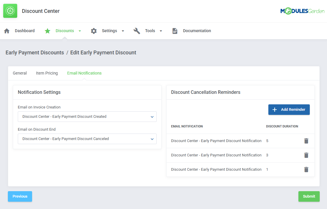 Discount Center For WHMCS: Early Payment Discount Email Notifications tab with templates and cancellation reminders