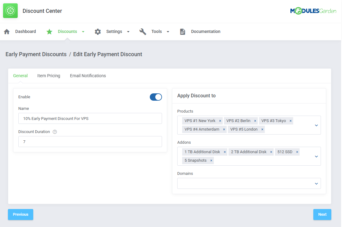 Discount Center For WHMCS: Early Payment Discount General tab with discount duration and products, addons and domains