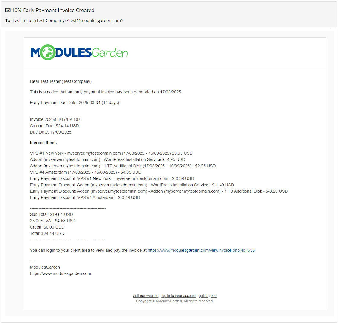 Discount Center For WHMCS: example email to a client about a created early payment invoice with discounted items