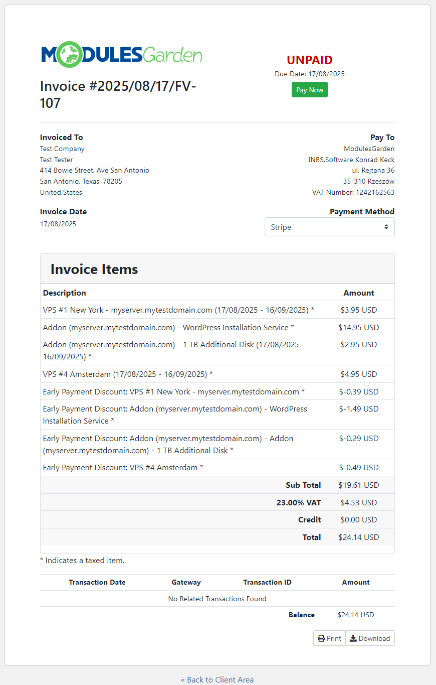 Discount Center For WHMCS: client invoice with early payment discount lines shown as negative amounts
