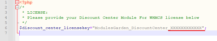 Discount Center For WHMCS: license.php file opened in an editor with the license key string to fill in