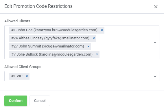 Discount Center For WHMCS: Edit Promotion Code Restrictions dialog with allowed clients and client groups